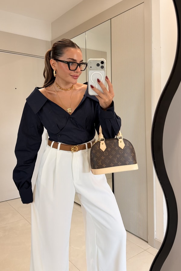 Gianna Lacivert Belden Oturtmalı Madonna Gömlek