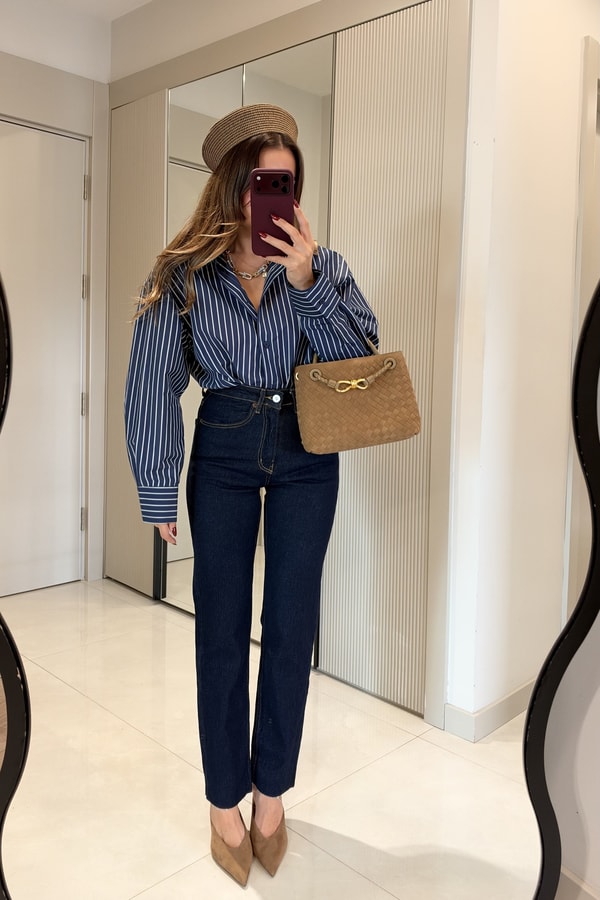 Giaven Lacivert Çizgili Oversize Gömlek