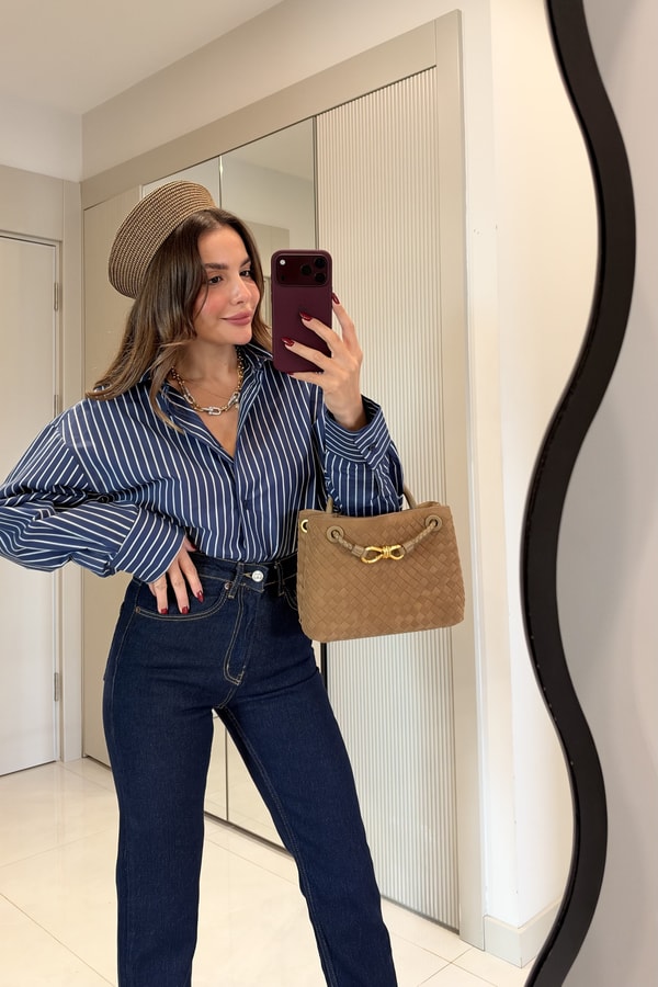 Giaven Lacivert Çizgili Oversize Gömlek