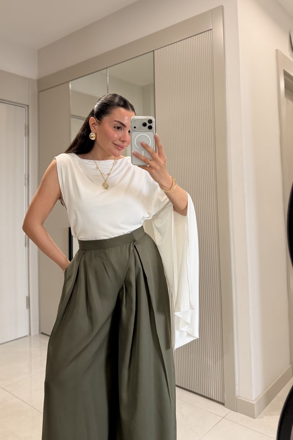 Ginevra Haki Çift Pensli Geniş Paça Pantolon