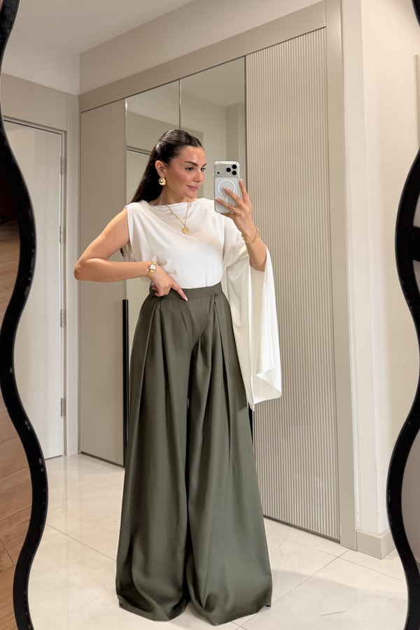 Ginevra Haki Çift Pensli Geniş Paça Pantolon