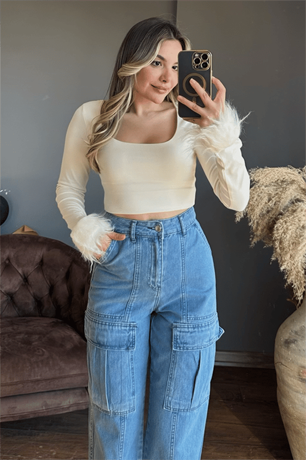 Gırls kolları tüylü krem crop