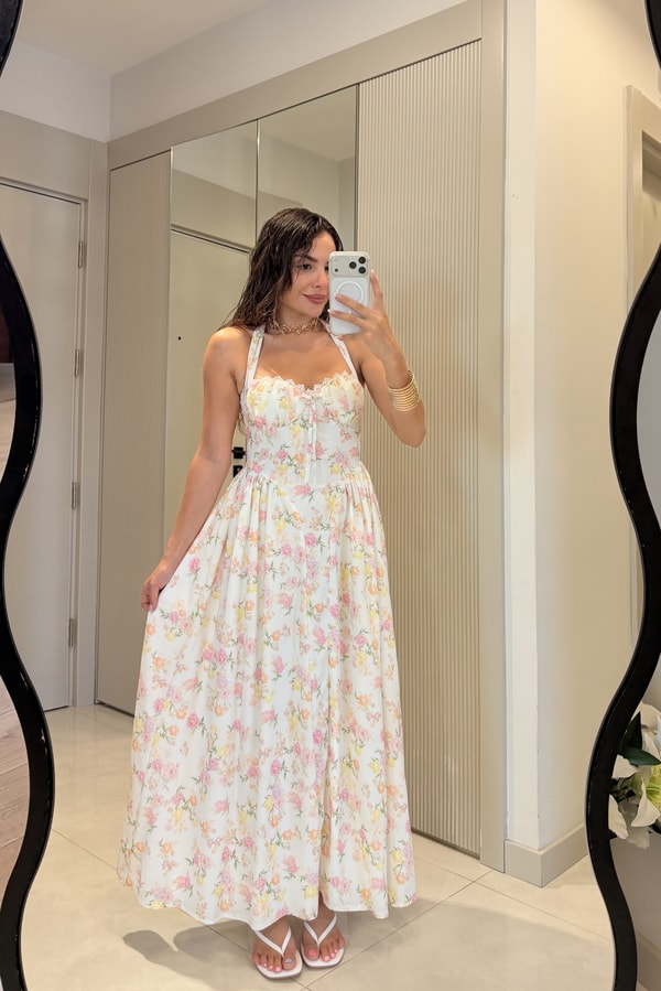 Giselle Beyaz Çiçek Desenli Maxi Elbise
