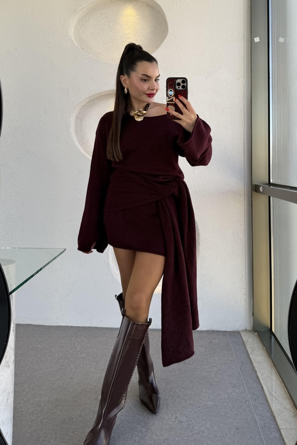 Glady Bordo İki Parça Triko Elbise 
