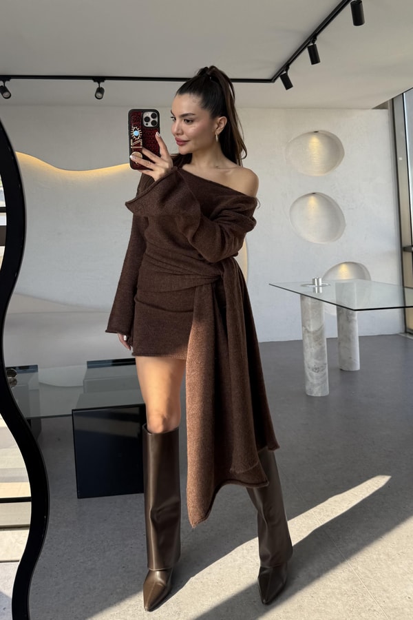 Glady Koyu Tarçın İki Parça Triko Elbise 