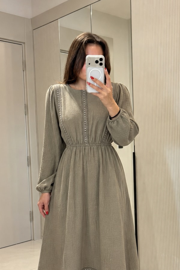 Glowen Haki Müslin Maxi Elbise