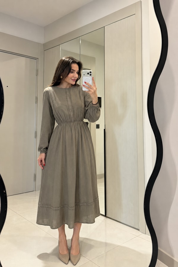 Glowen Haki Müslin Maxi Elbise