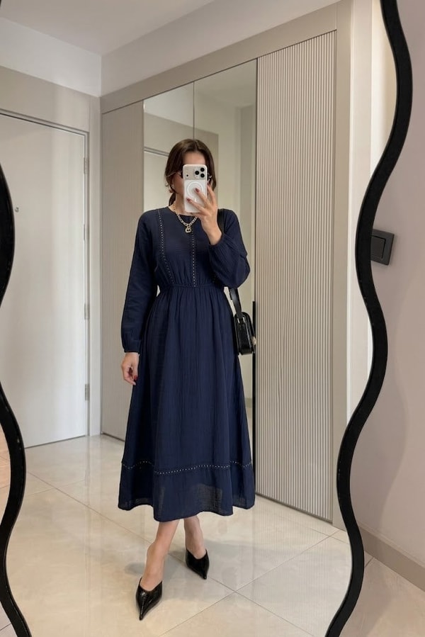 Glowen Lacivert Müslin Maxi Elbise