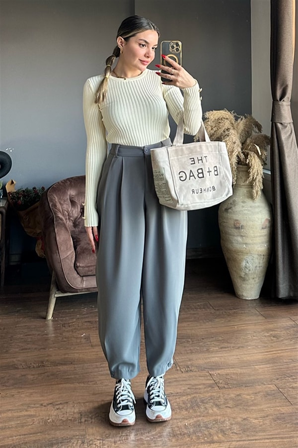 Gri pens detaylı slouchy pantolon
