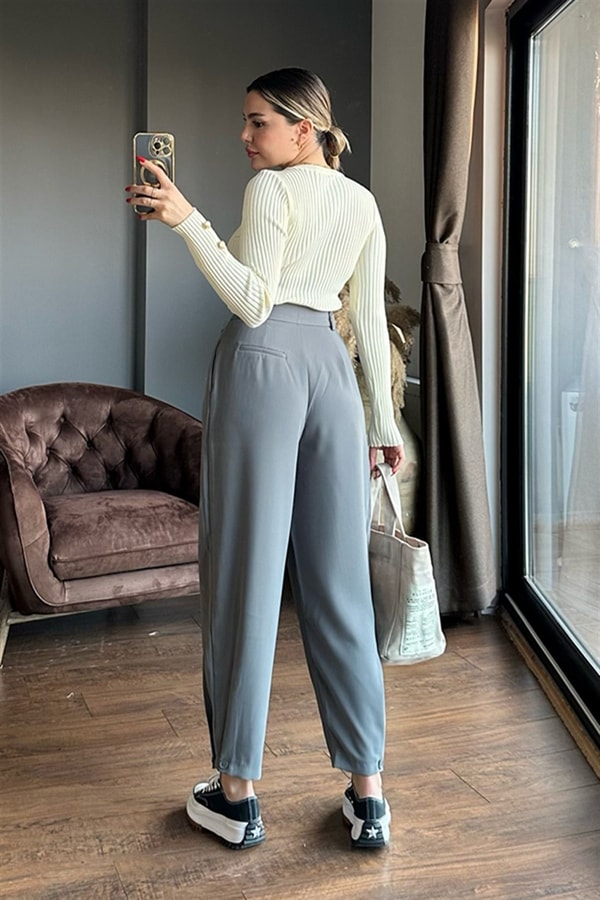 Gri pens detaylı slouchy pantolon