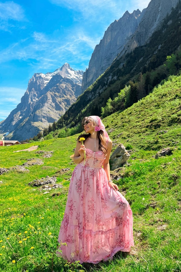 Grindelwald Pembe Çiçekli Şifon Romantik Elbise