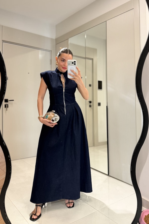 Growe Darkblue Önü Fermuarlı Maxi Denim Elbise