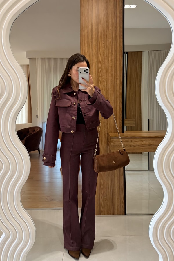 Guava Bordo Gold Düğme Detaylı Denim Takım