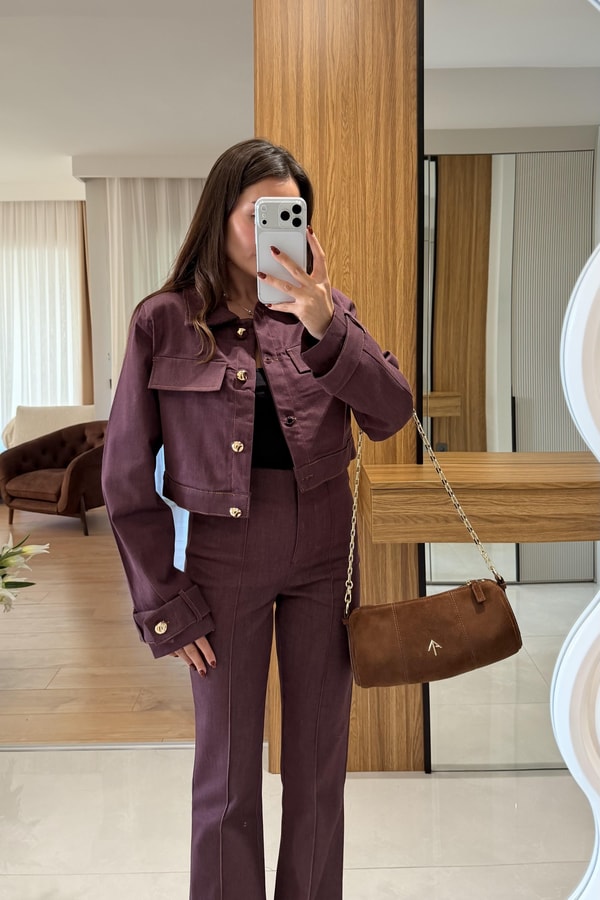Guava Bordo Gold Düğme Detaylı Denim Takım