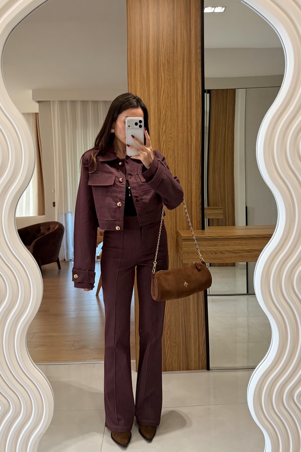 Guava Bordo Gold Düğme Detaylı Denim Takım
