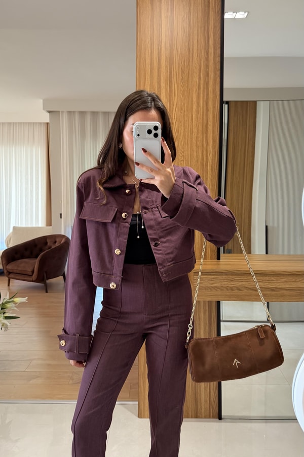 Guava Bordo Gold Düğme Detaylı Denim Takım