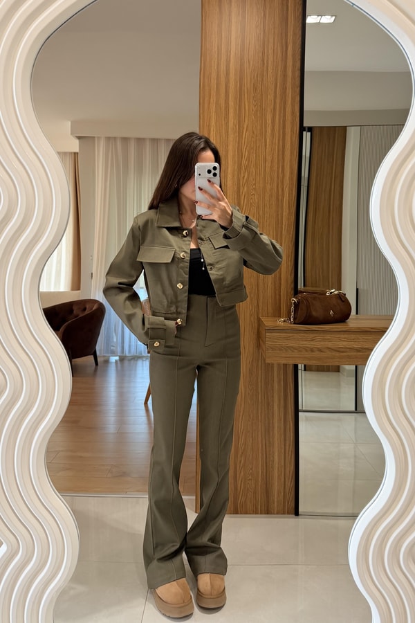 Guava Haki Gold Düğme Detaylı Denim Takım