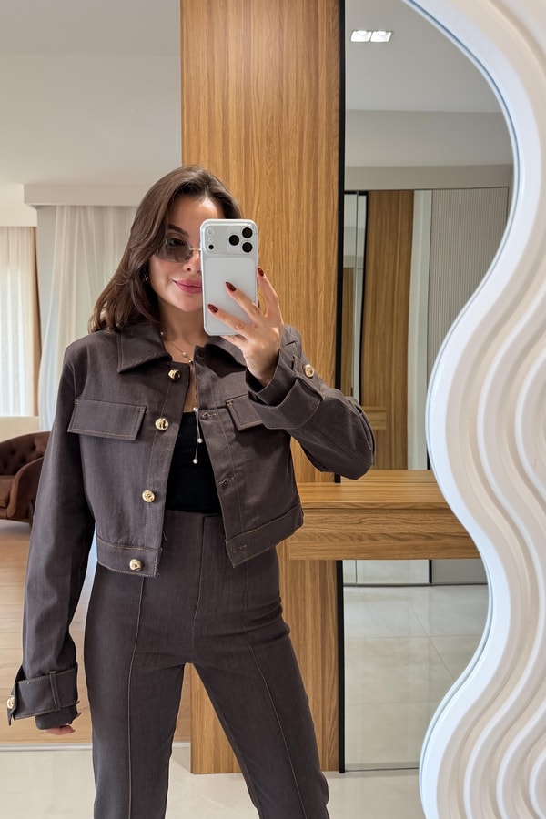 Guava Kahve Gold Düğme Detaylı Denim Takım