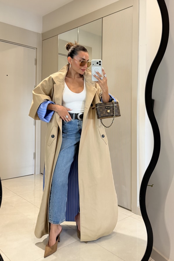 Hanger Camel Çizgili Astarlı Oversize Uzun Trençkot