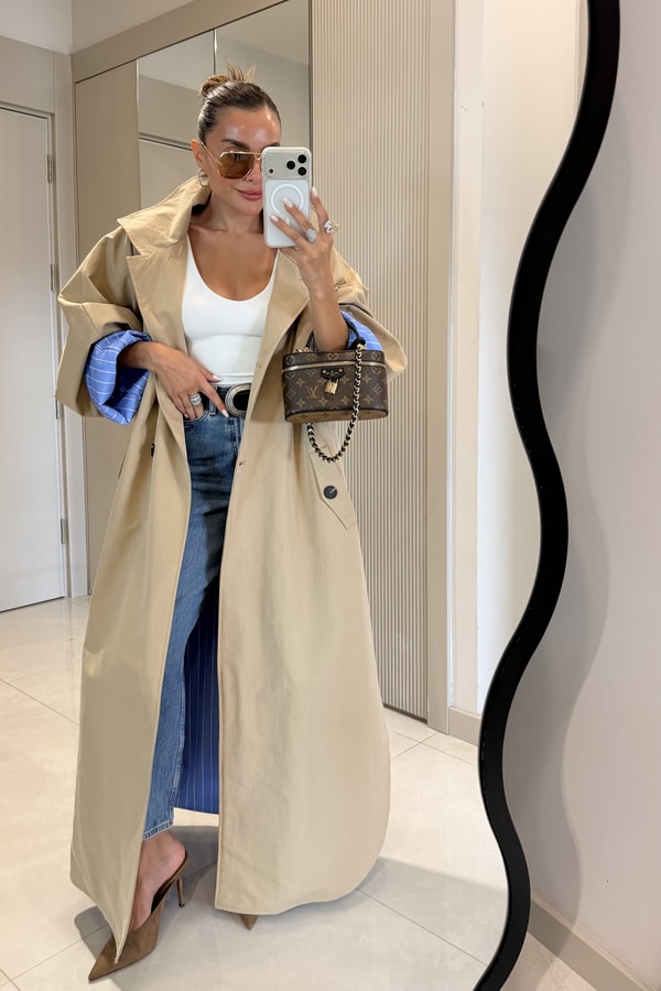 Hanger Camel Çizgili Astarlı Oversize Uzun Trençkot