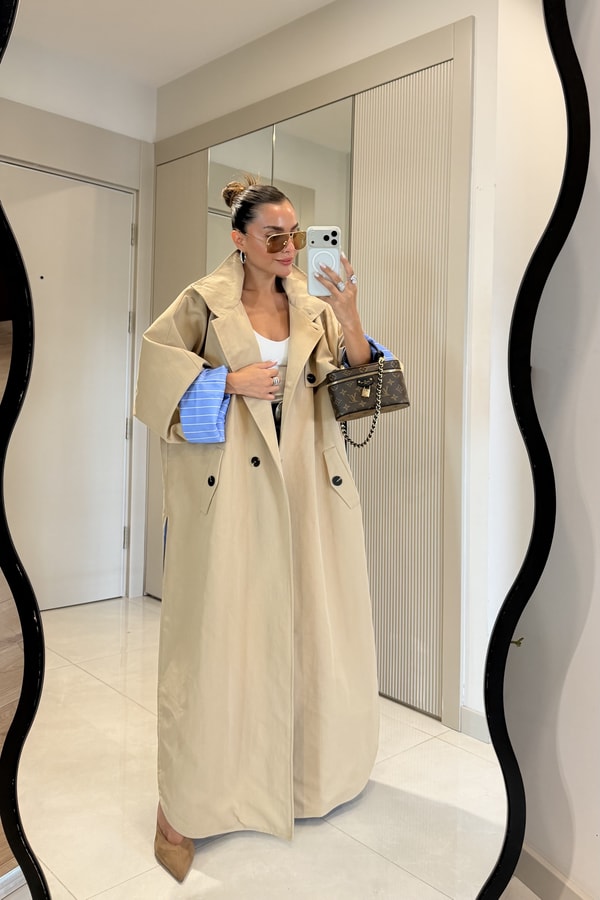 Hanger Camel Çizgili Astarlı Oversize Uzun Trençkot