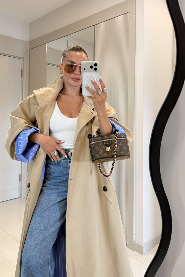 Hanger Camel Çizgili Astarlı Oversize Uzun Trençkot