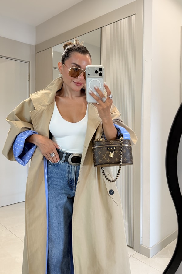 Hanger Camel Çizgili Astarlı Oversize Uzun Trençkot