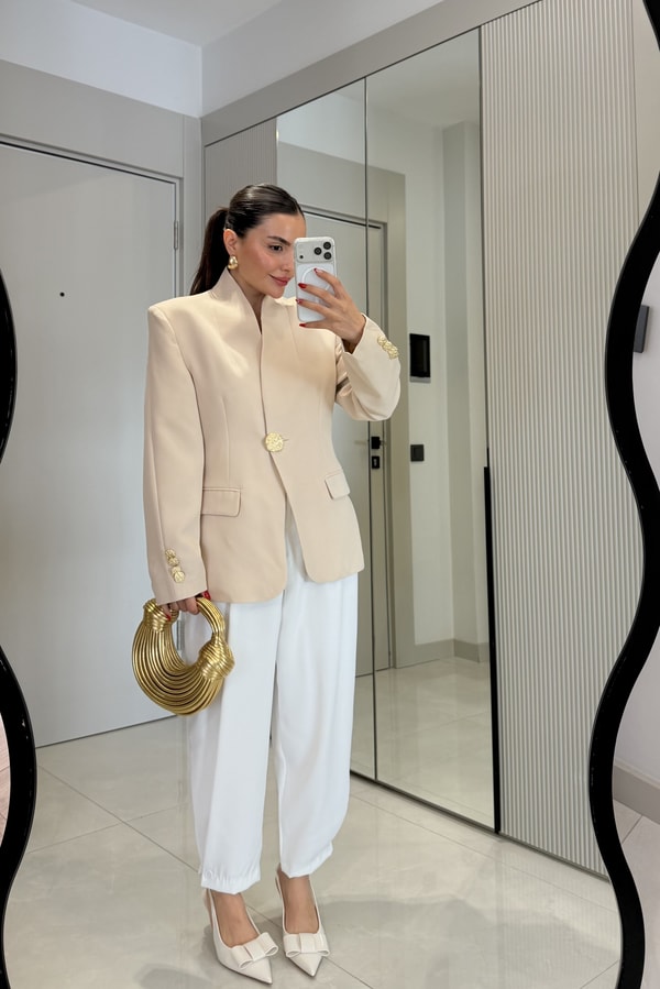 Harward Krem Gold Düğmeli Blazer Ceket