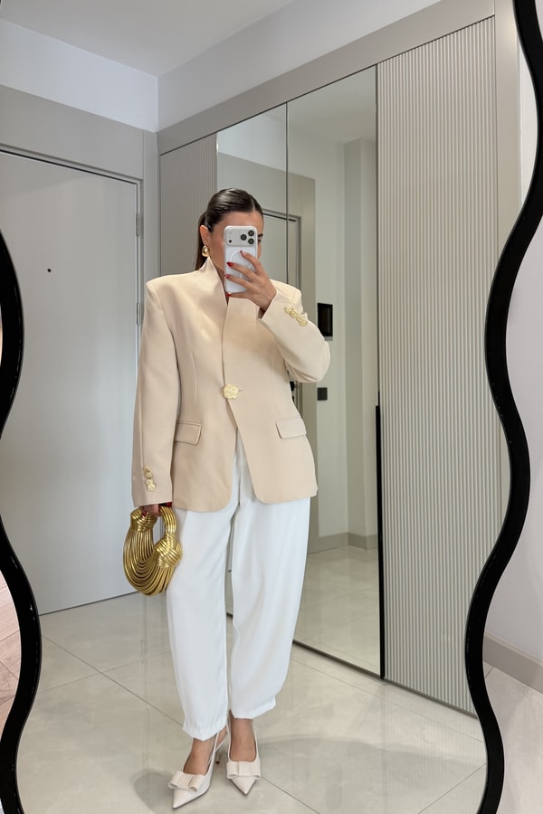 Harward Krem Gold Düğmeli Blazer Ceket
