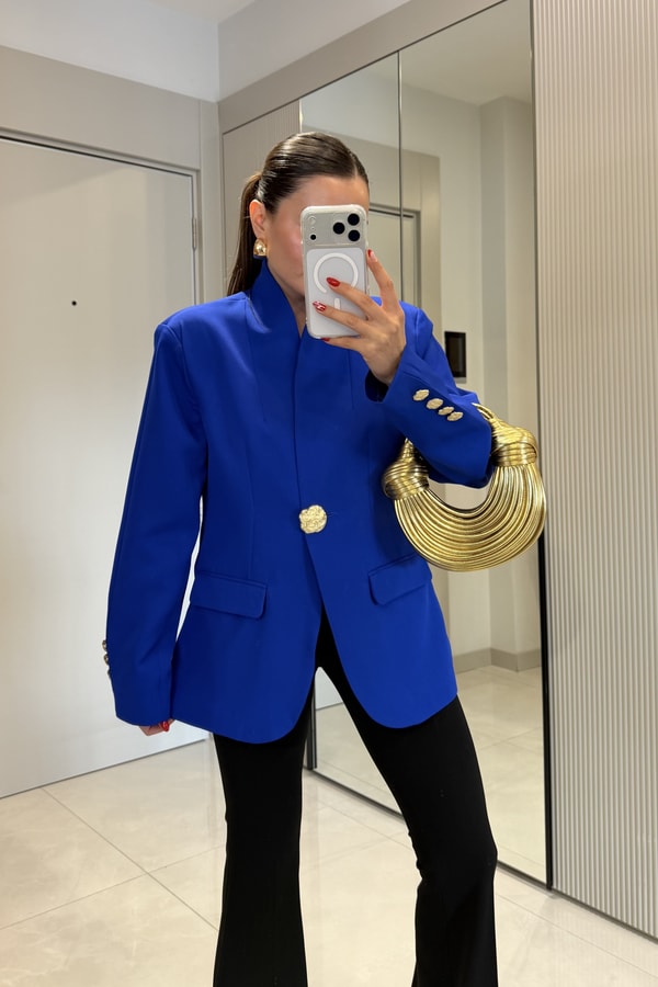 Harward Saks Mavi Gold Düğmeli Blazer Ceket