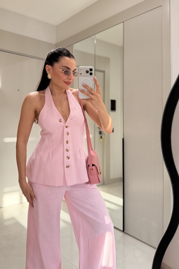Hauser Pembe Keten Yelekli Takım
