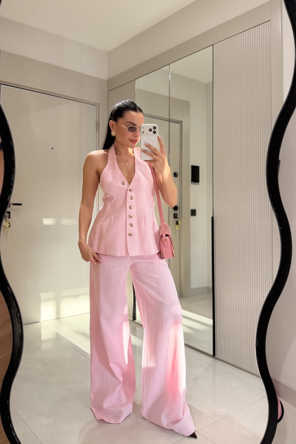 Hauser Pembe Keten Yelekli Takım