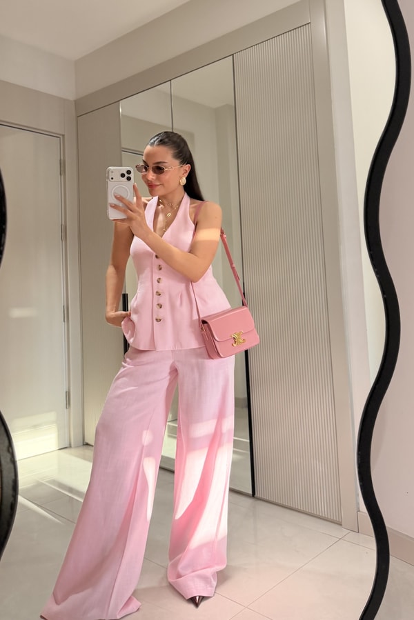 Hauser Pembe Keten Yelekli Takım
