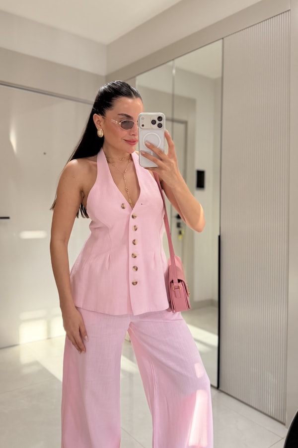 Hauser Pembe Keten Yelekli Takım