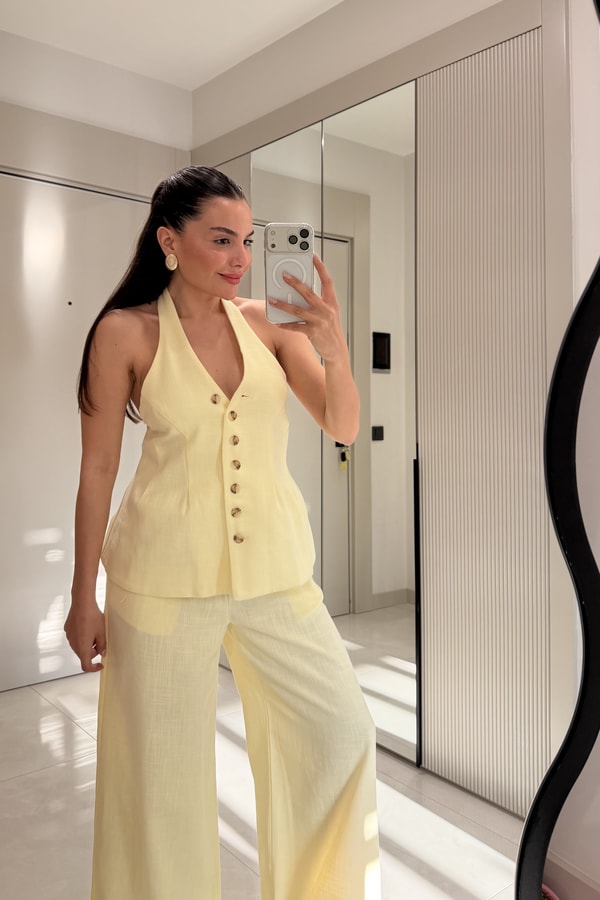 Hauser Sarı Keten Yelekli Takım
