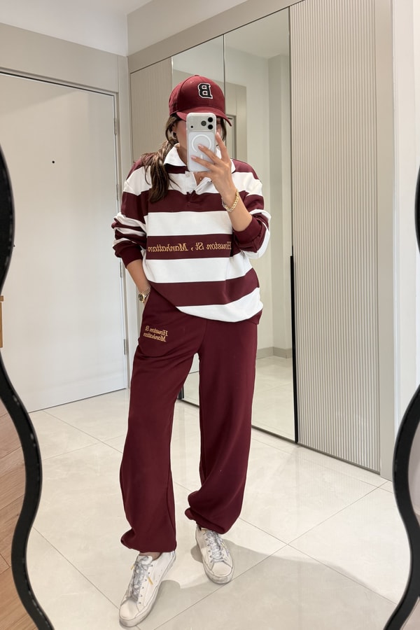 Hauston Bordo Çizgili Sweatshirt Eşofman Takım