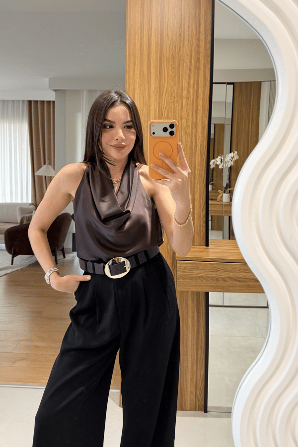 Helina Kahve Degaje Saten Bluz