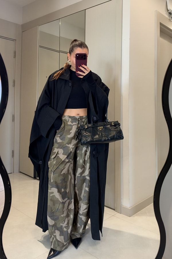 Henna Siyah Oversize Uzun Trençkot