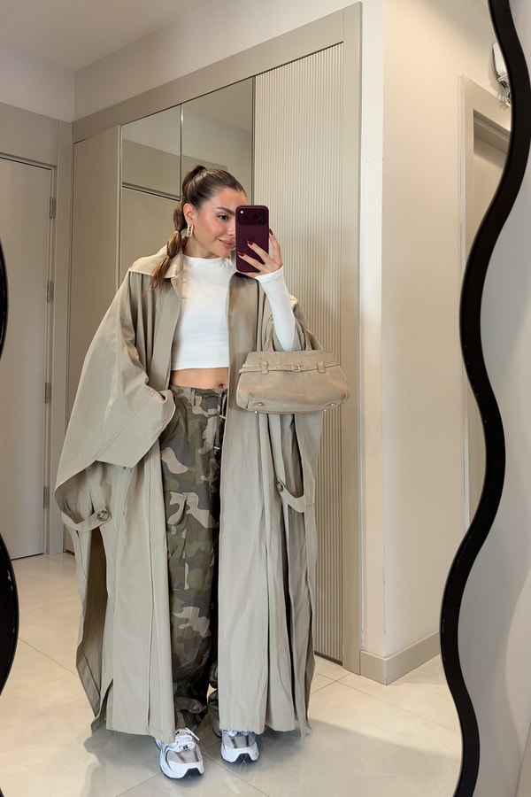 Henna Taş Oversize Uzun Trençkot