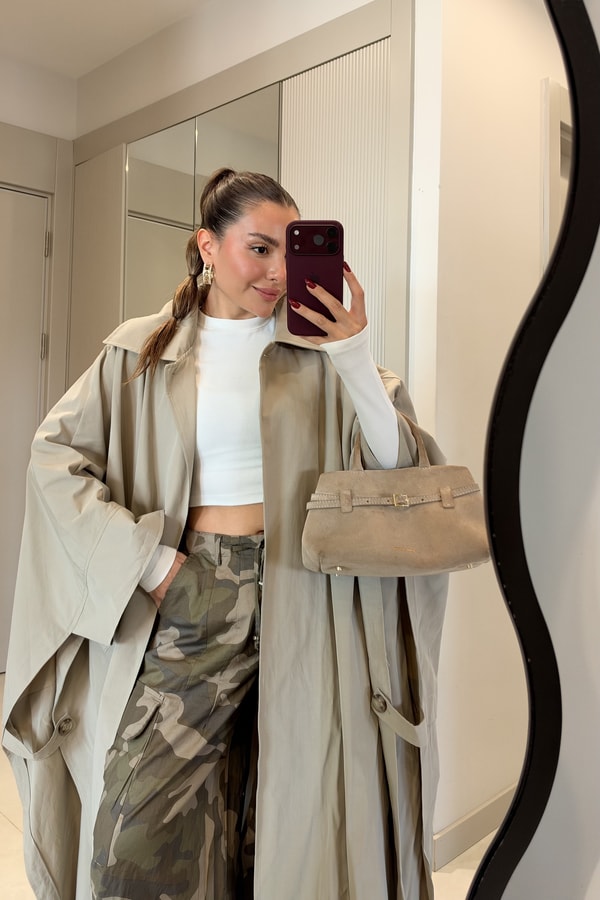 Henna Taş Oversize Uzun Trençkot