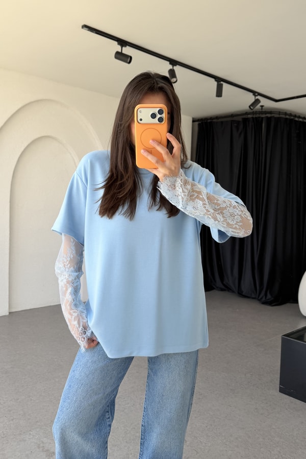 Hervix Mavi Dantel Kollu Tshirt