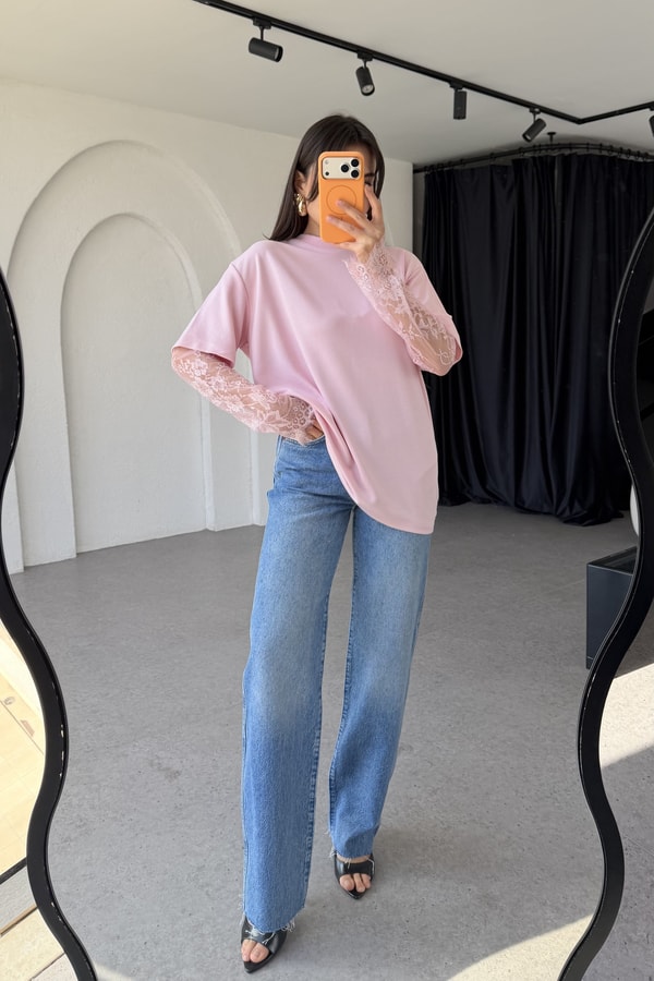Hervix Pembe Dantel Kollu Tshirt