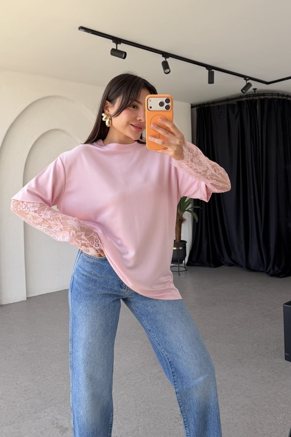 Hervix Pembe Dantel Kollu Tshirt