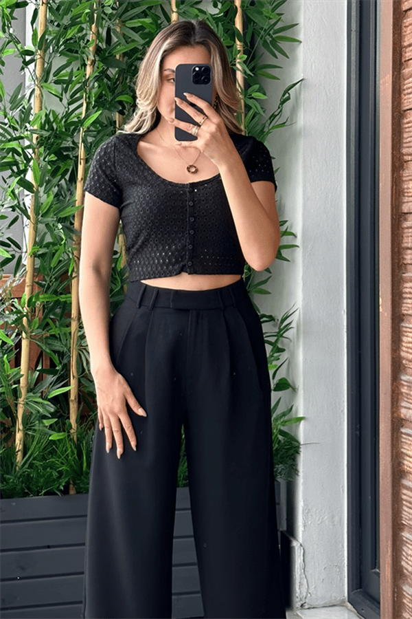 Güpürlü mini crop top - Siyah