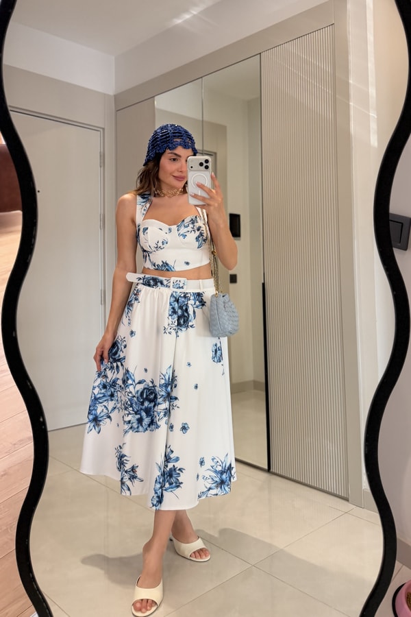 Hotter Kalp Yaka Çiçek Desen Kemerli Takım