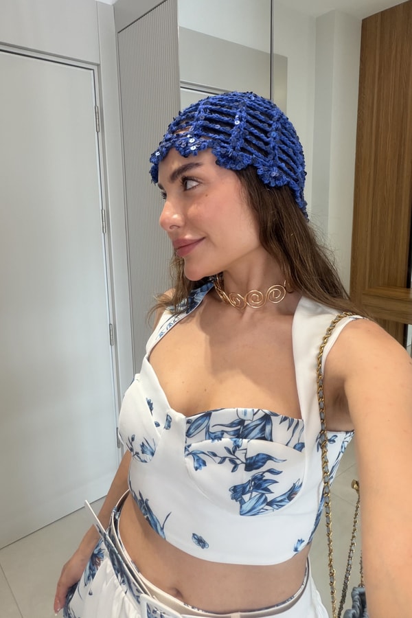 Hotter Kalp Yaka Çiçek Desen Kemerli Takım