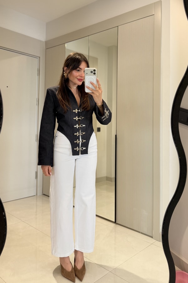 Howell Beyaz Kemerli Wide Leg Jean