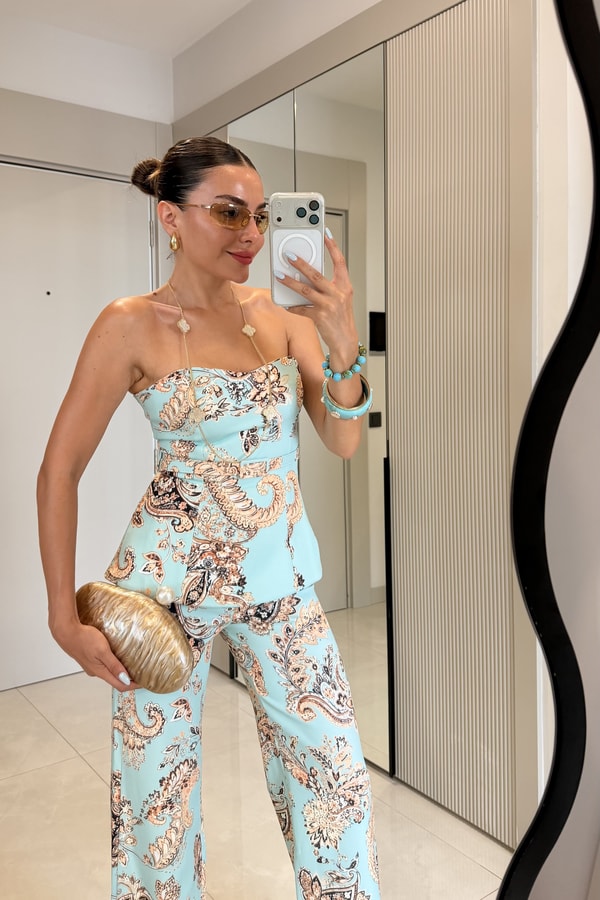 İbiza Mavi Kemerli Şal Desen Straplez Bluz Pantolon Takım