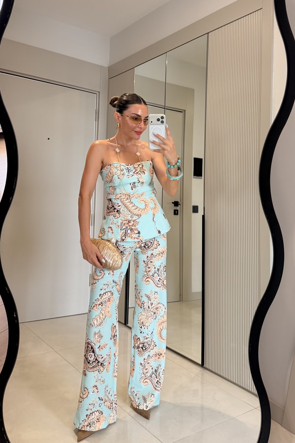 İbiza Mavi Kemerli Şal Desen Straplez Bluz Pantolon Takım