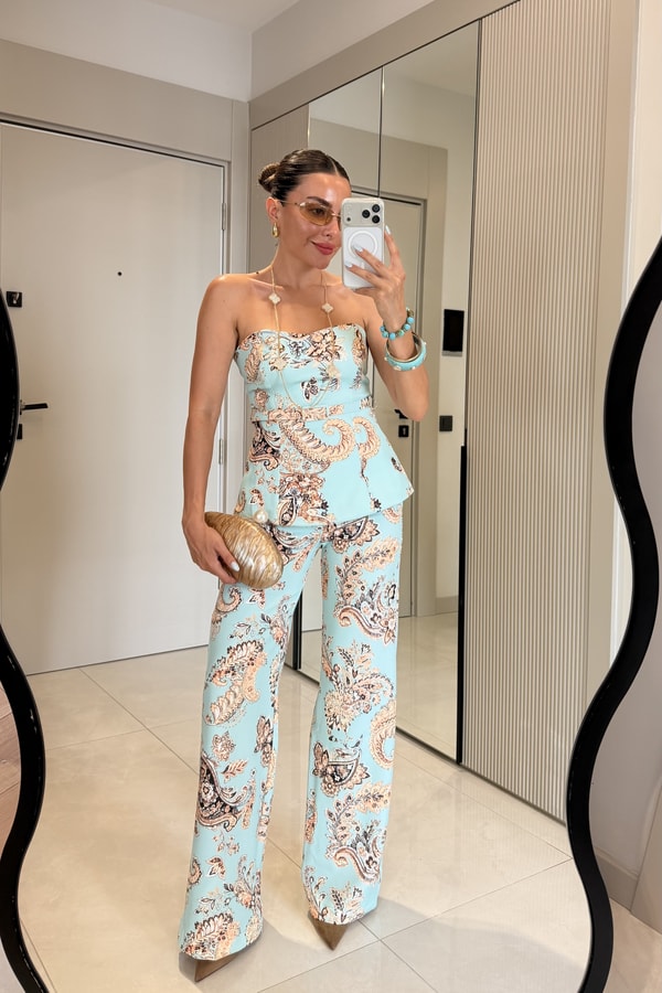 İbiza Mavi Kemerli Şal Desen Straplez Bluz Pantolon Takım